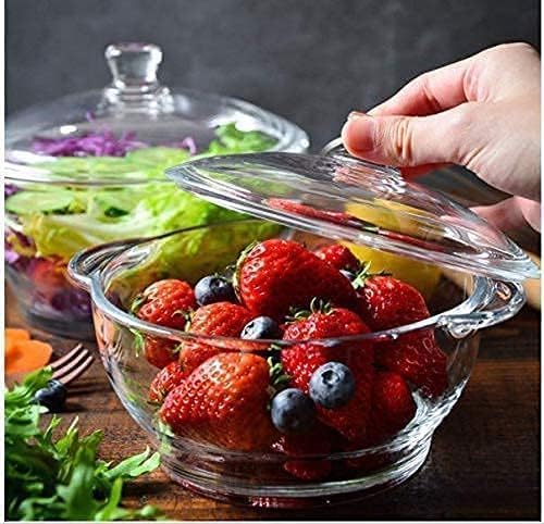 Dyomnizy Microwave Oven Safe Serving Bowl With Lid, Tempered Glass, For Rice And Boiling Food, 1000 Ml, Set Of 3
